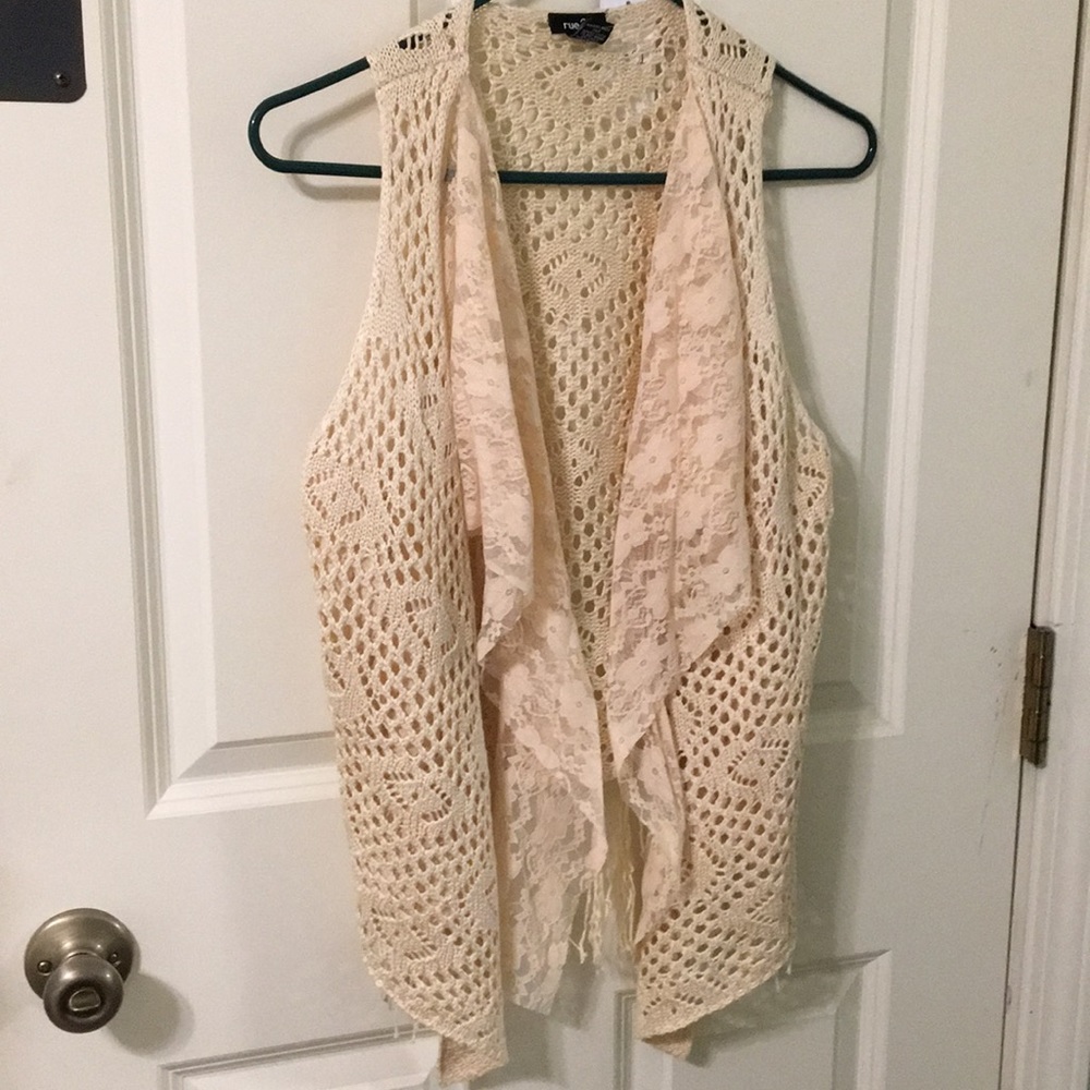 NWT Beige Open Knit crochet Lace Vest S M drapes